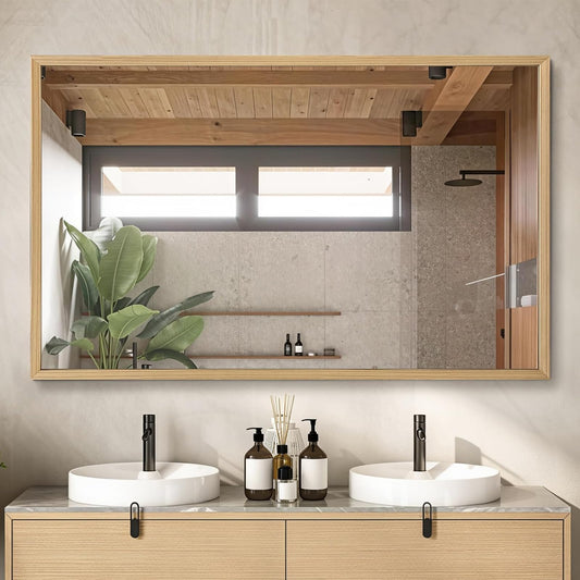 TheiaMo 48"x30" Bathroom Mirror with Natural Wood Frame for Wall, Large Rectangle Vanity Mirror Rustic Farmhouse Decor Mirror, Anti-Rust Explosion-Proof, Hangs Horizontally or Vertically, Solid