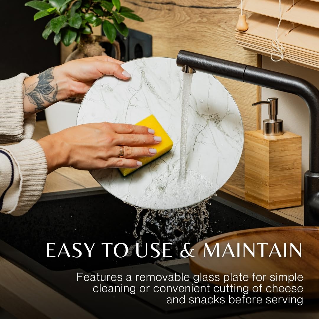 Rickby, 12" Premium Acacia Wood Lazy Susan Turntable for Table Top with Removable Marble Texture Glass Plate, Wooden Lazy Susan for Dining Table Centerpiece & Kitchen Countertop