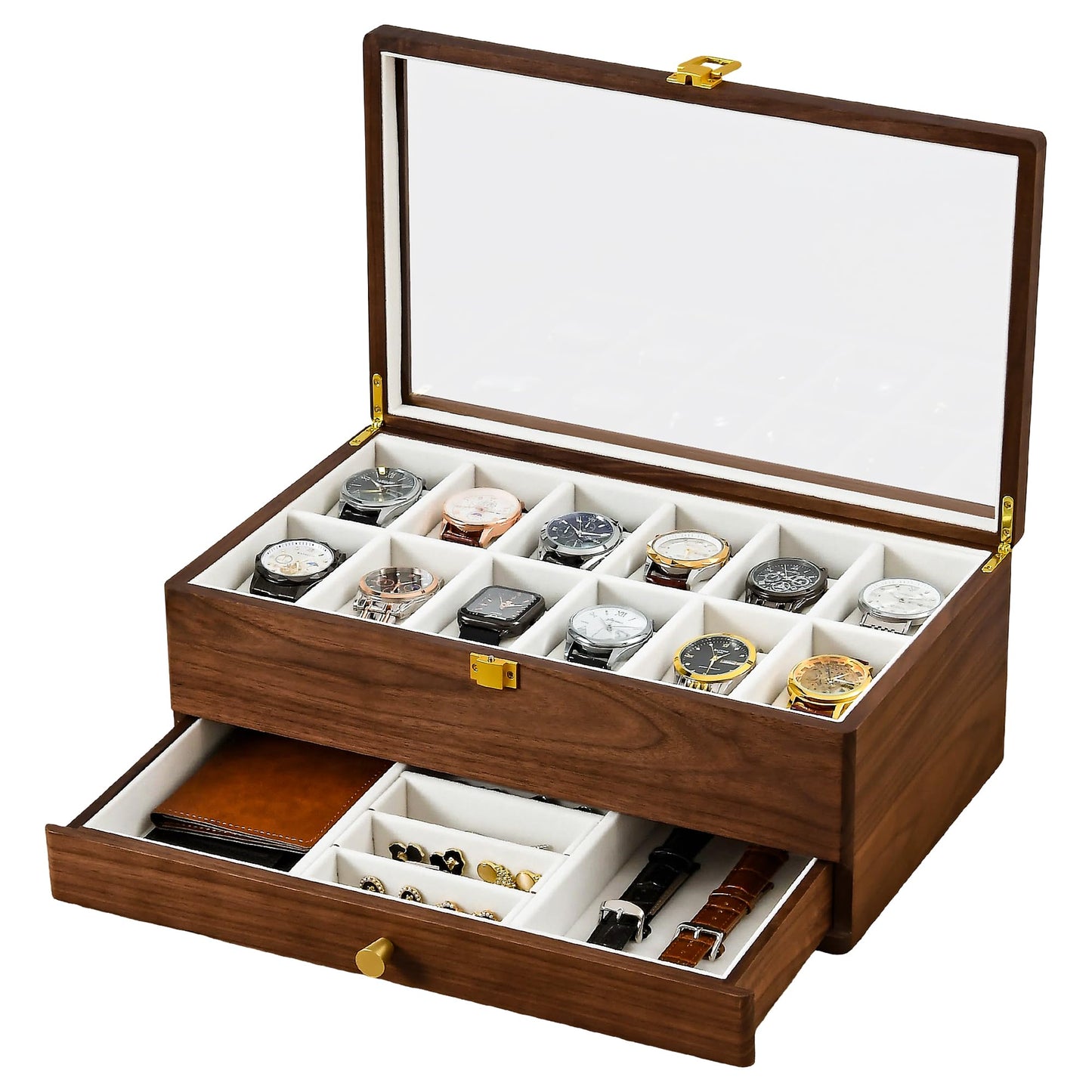 Black Walnut Watch Box for Men, 12 Slot Wooden Watch Organizer with Glass Lid, 2 Layer Watch Display Case with Drawer Jewelry Storage Box, Gift for Husband, Dad, Anniversary, Father’s Day, Women