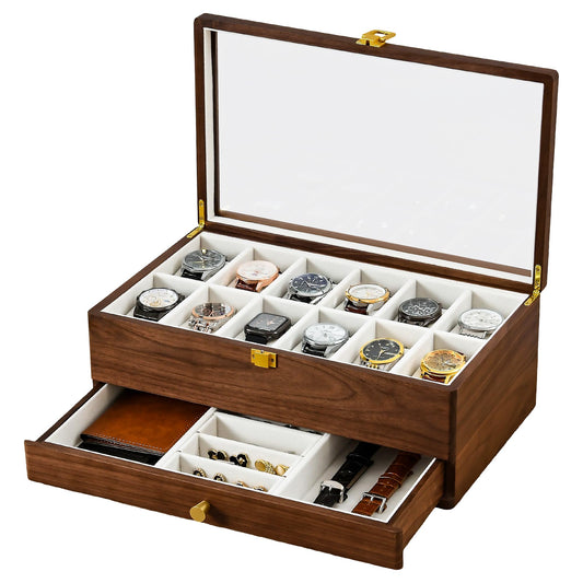 Black Walnut Watch Box for Men, 12 Slot Wooden Watch Organizer with Glass Lid, 2 Layer Watch Display Case with Drawer Jewelry Storage Box, Gift for Husband, Dad, Anniversary, Father’s Day, Women