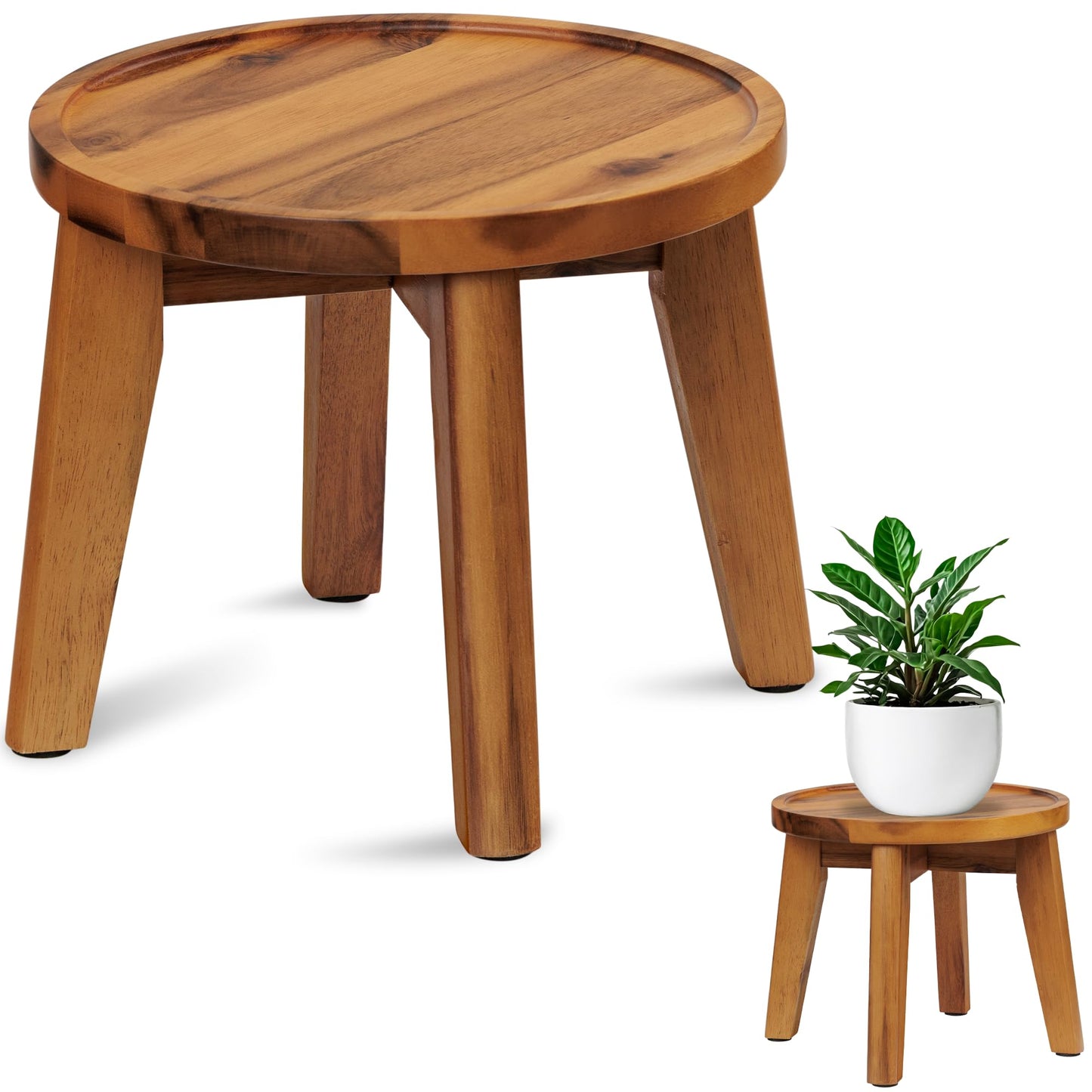 Demigo Indoor Plant Stand, Acacia Wooden Decorative Plant Shelf with Spill-Proof Tray, Stable 8” Tall Flower Holder for Heavy Pots, Gardening Display for Decor Living Room Patio - Natural Brown