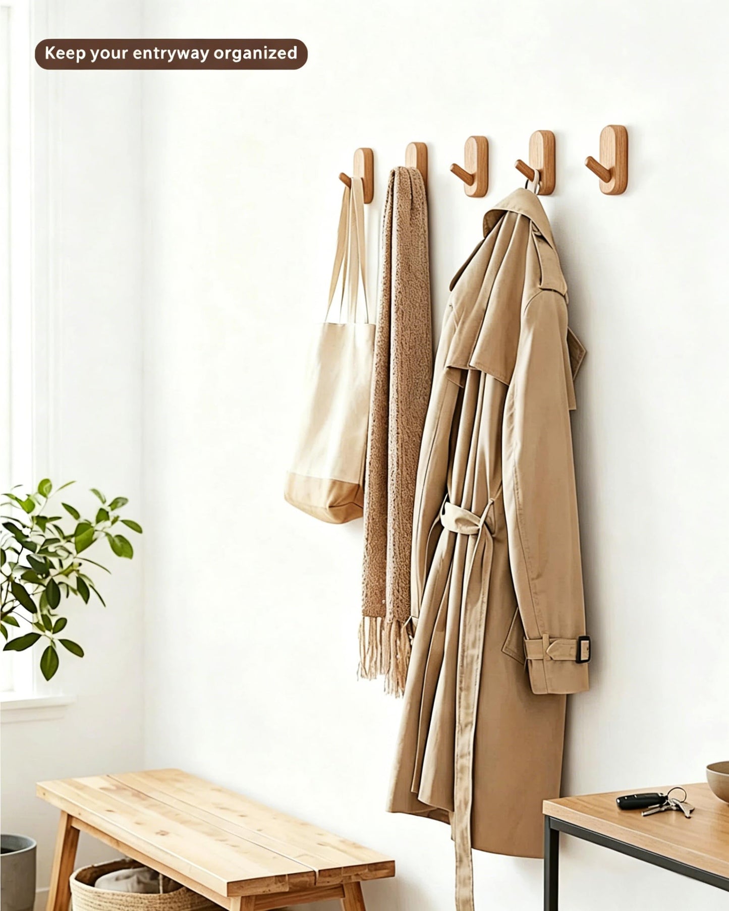 FCOWK Wooden Wall Hooks for Hanging - 4 Pack Heavy Duty Coat Hooks Wall Mount- Solid Natural Wood Hat, Bag, Backpack & Towel Hooks - Modern Key Holder for Bathroom & Entryway (Beech)