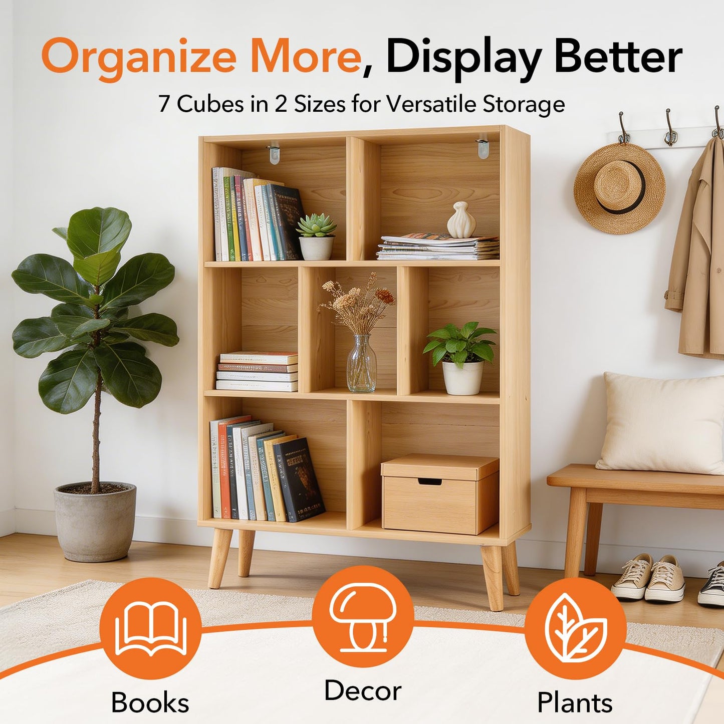 HAPPYMONT 3-Tier Bookcase, 7 Cube Modern Wooden Storage Organizer with Legs, Open Display Shelves for Living Room Bedroom Home Office, Freestanding Bookshelf, Natural Wood