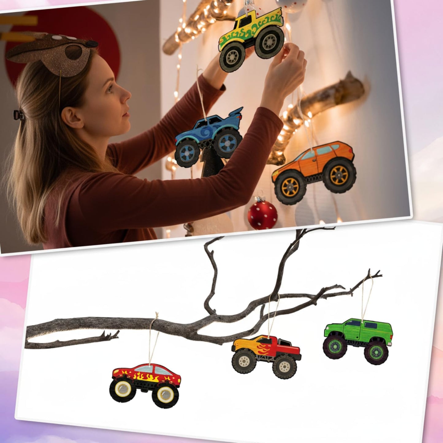Simgoing 36 Pcs Wooden Cars to Paint Unfinished Wood Monster Truck Cutouts Crafts Hanging Ornaments DIY Blank Wood Crafts for Home Birthday Craft Supplies & Party Decorations