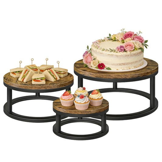Cake Stand Set, 3 Packs Round Cupcake Stand Cake Pedestal Stand (8"/10"/12" Plate) Industrial Rustic Wood Rustic Dessert Table Display Stand Set Serving Tray for Party, Wedding, Birthday, Baby Shower