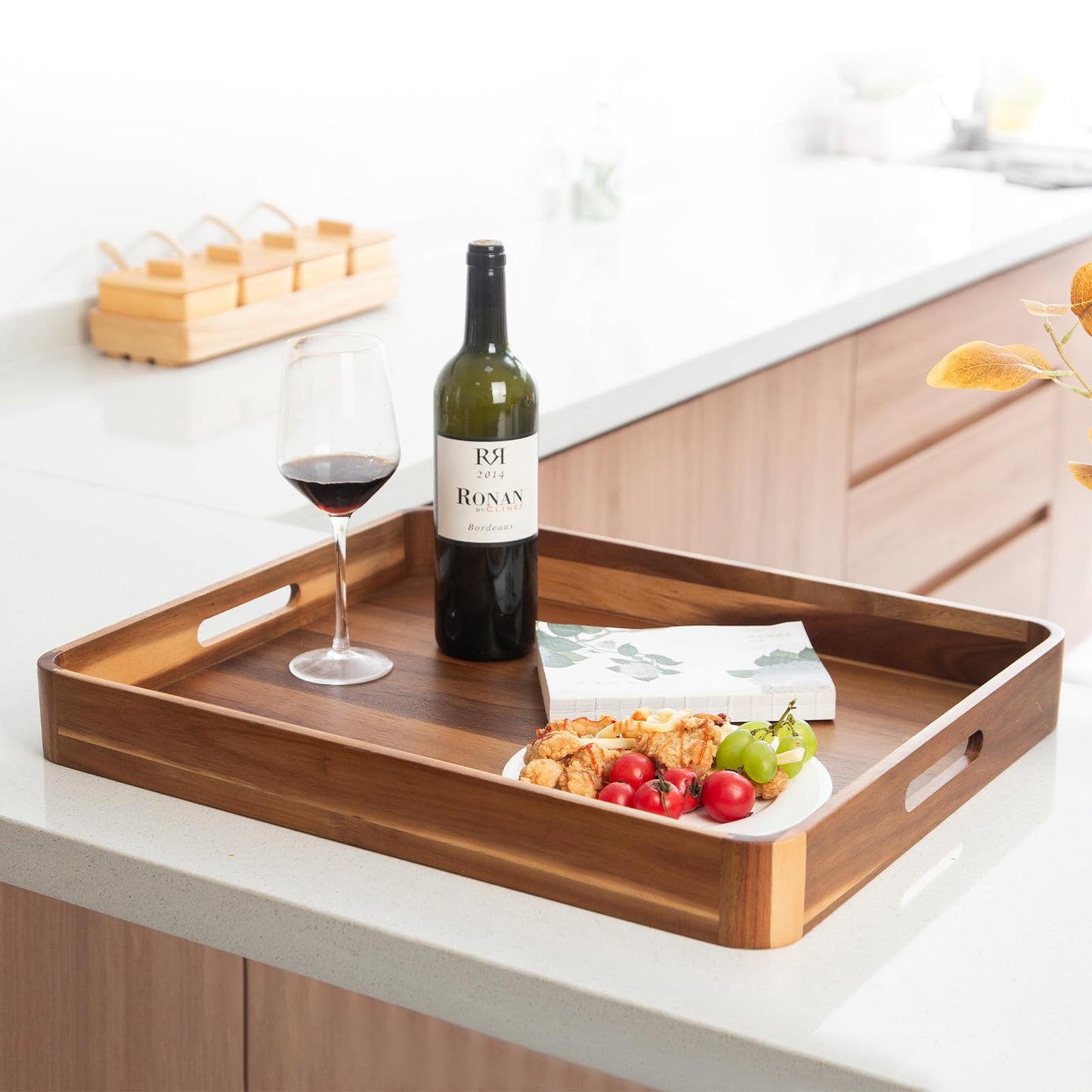 GinSent Large Ottoman Tray Wooden Serving Tray with Handles, Rectangle Big Wood Tray for Living Room Ottoman Coffee Table Counter Decor, Kitchen Versatile Tray for Food Breadfast Party Picnic