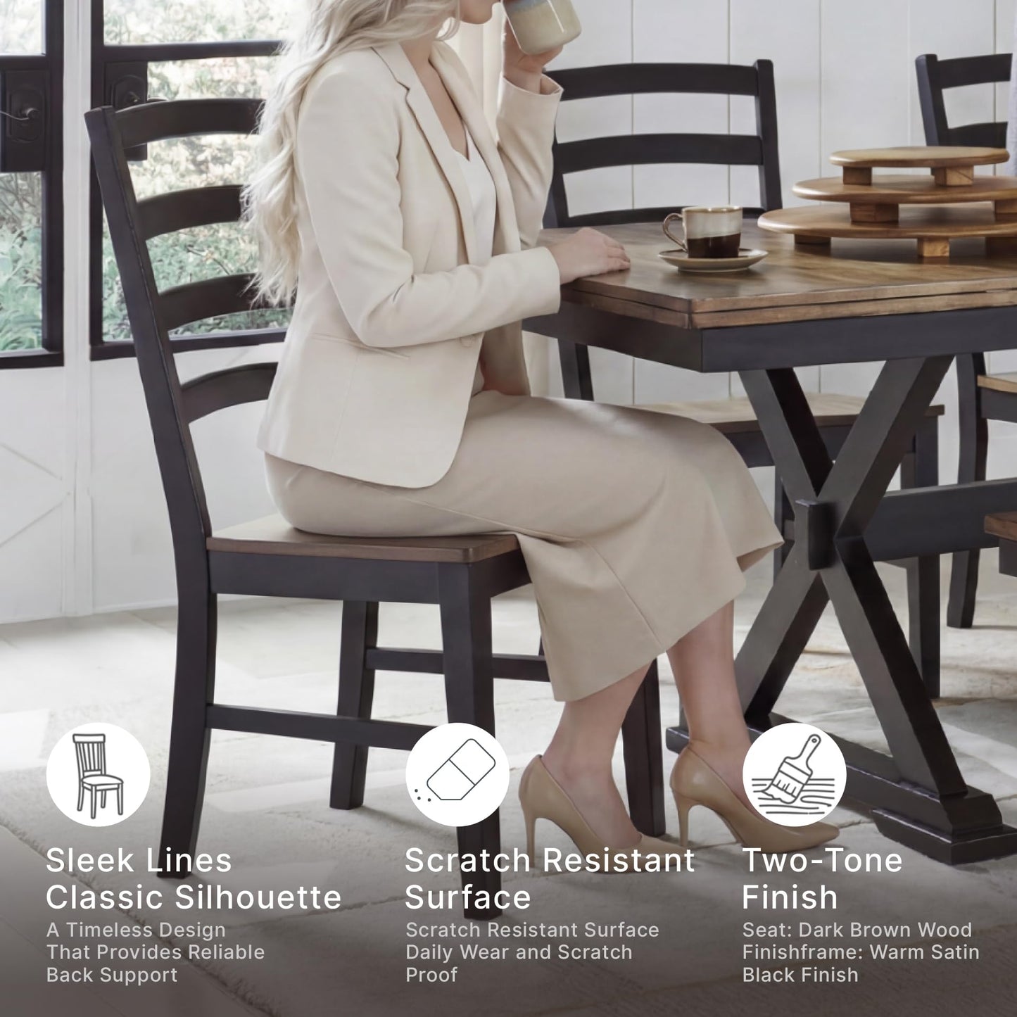 Signature Design by Ashley Wildenauer Dining Chairs Set of 2, Modern Ladderback Dining Chairs with Solid Wood Frame, Two-Tone Finish, Contoured Seat, Black/Brown