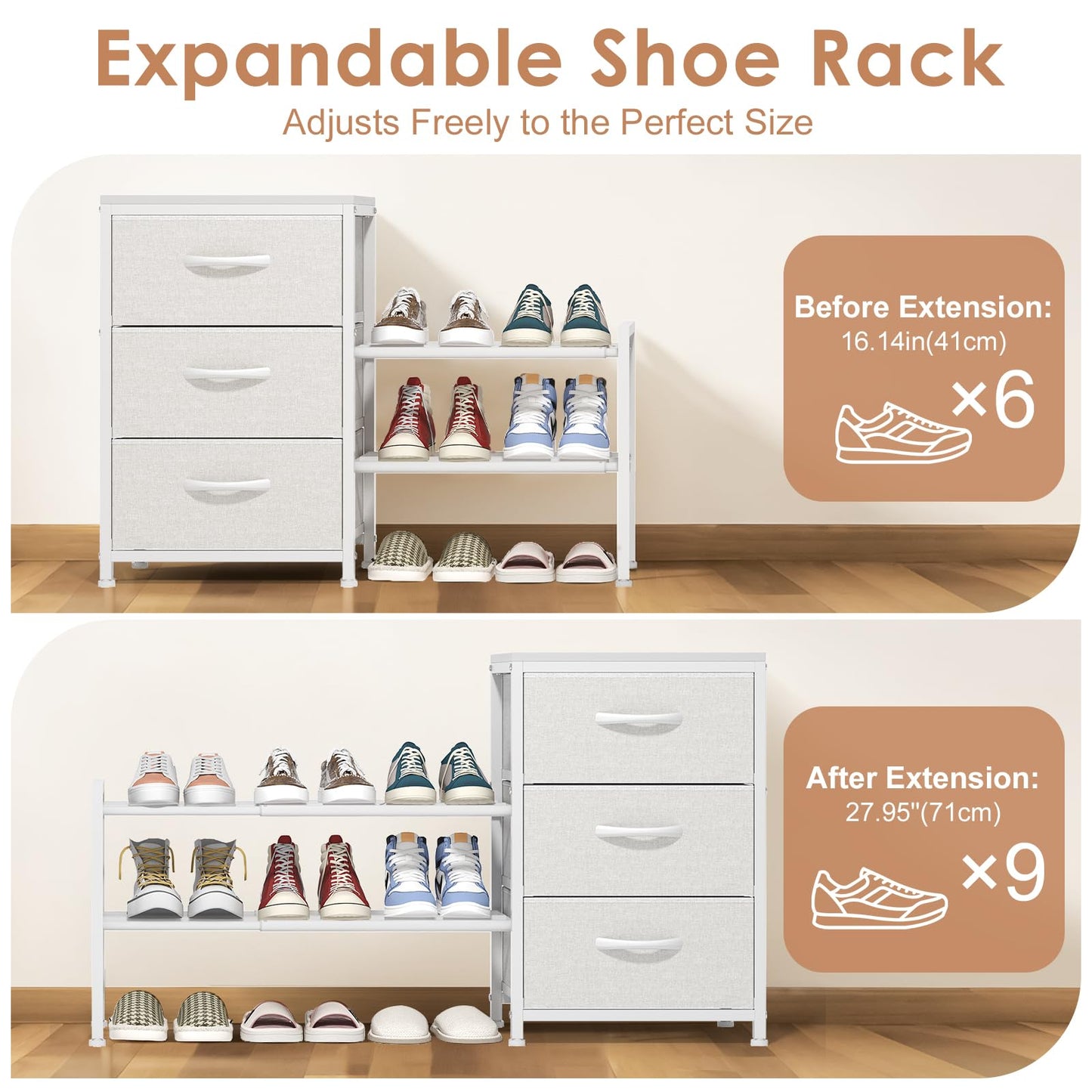 Cidaziya Expandable Closet Organizers and Storage, White Fabric Storage Dresser, 3 Drawer Dresser, Clothes Shelves for Kids, Purse Organizer Small Shoe Rack for Closet Bedroom(31.29~43.42 in)