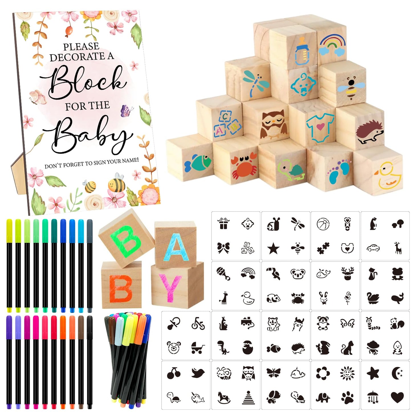 AryiHitt 97 Pcs Baby Shower Game Sign Set Includes Decorative Square Signs 56 DIY Blank Wooden Blocks 20 Paint Markers (Garden)