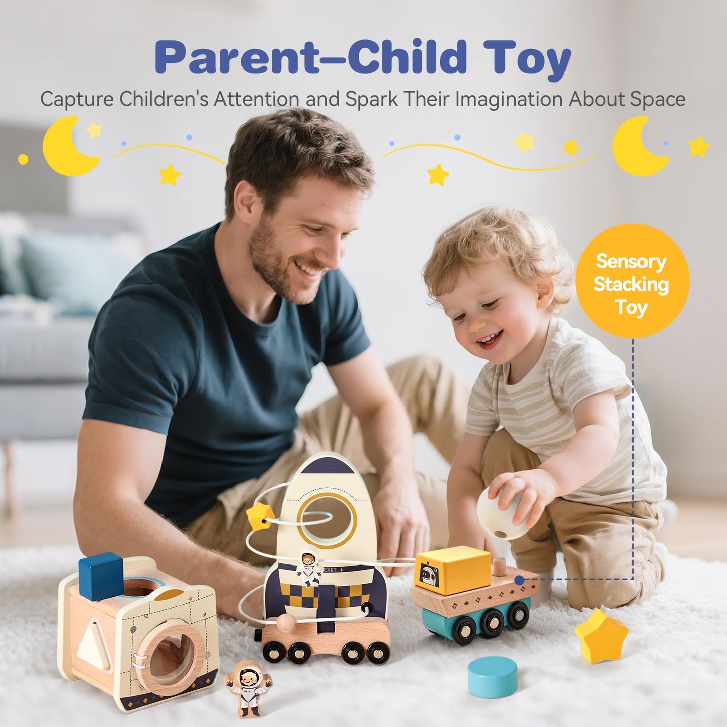 ibwaae Wooden Rocket Space Toy Set for Toddlers 1-3, Montessori Shape Sorter and Stacking Activity with Magnetic Car, Fine Motor Skills Learning Toy, First Birthday Gift for Boys Girls