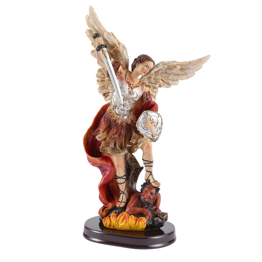 ASTARIKO Catholic St. Michael the Archangel Statue - 11.2” H Hand-Painted Resin Figurine on Premium Wooden Base, Saint Michael Defeating Satan Religious Gifts for Home Decor