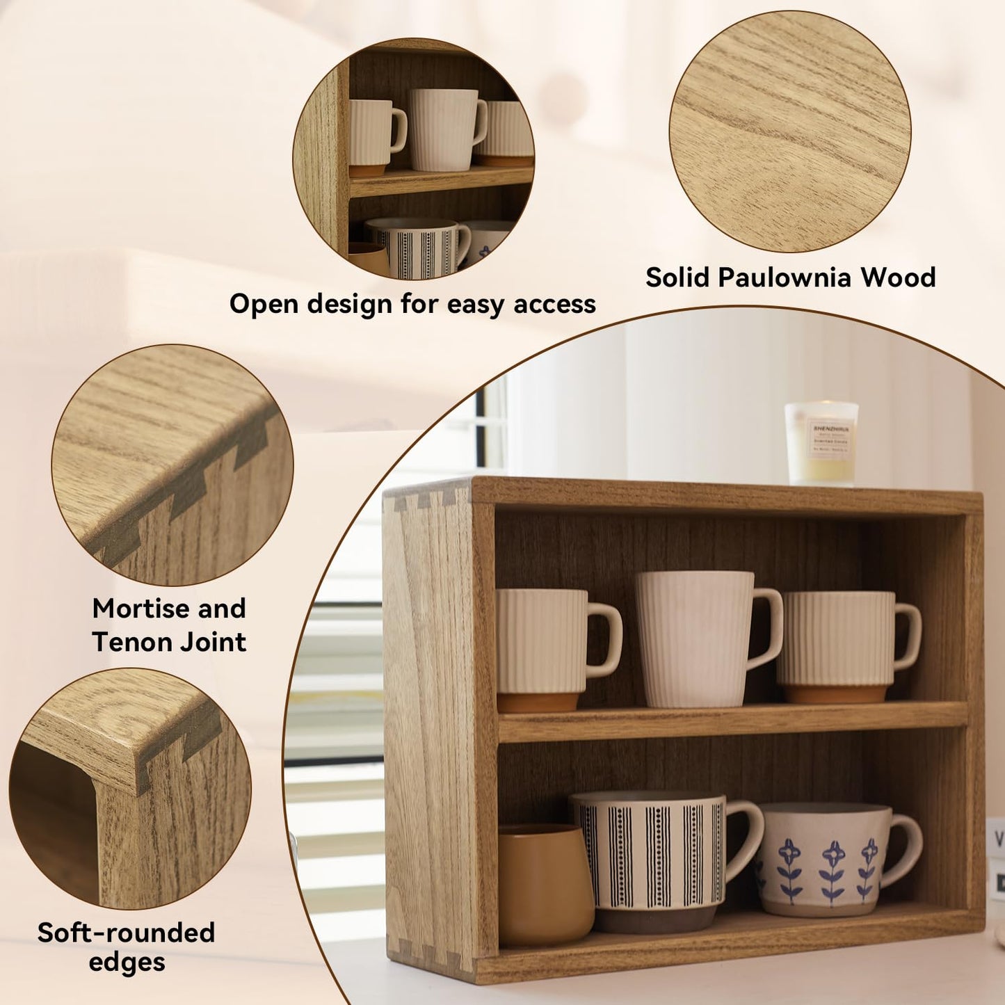 KIRIGEN 2-Tier Wooden Storage Cabinet, Solid Wood Kitchen Counter Organizer, Multi-Functional Storage Shelf for Mugs, Spices, Cosmetics, Coffee, Figure, Home Accessories Storage Rack BZG-DBR