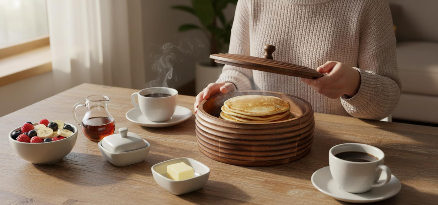 Handcrafted Wooden Mexican Warmer Basket Indian Chapati Roti Bread Holder Box Pancake Keeper Serveware Hot Pot Casserole Dish With Lid Home Kitchen Dining Decor, Natural Brown, 9 x 3 Inches