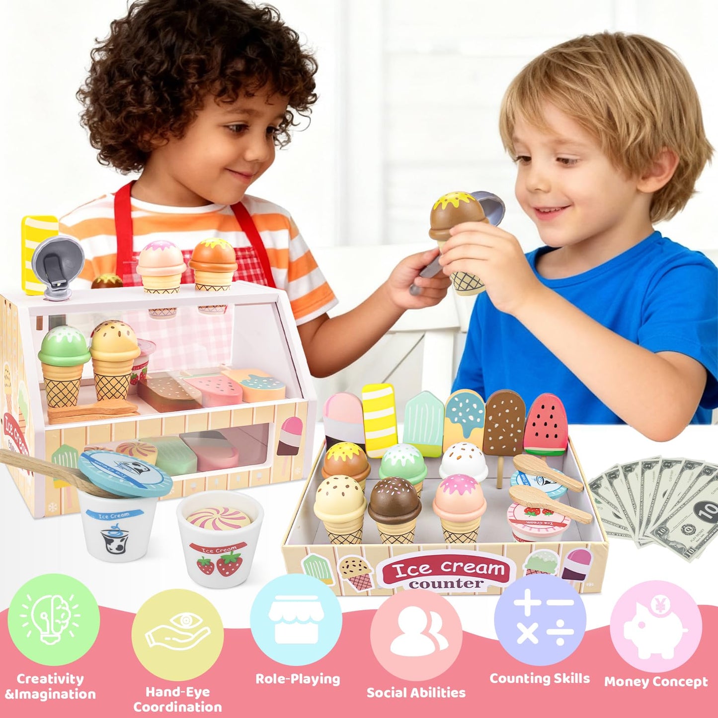 Wooden Ice Cream Toys – 32 pcs Pretend Ice Cream Play Set with Scooper, Menu, Fake Money & Storage | Wooden Play Store Counter Shop & Toy Gift for Toddlers Girls Boys Ages 3 4 5 6 7 8