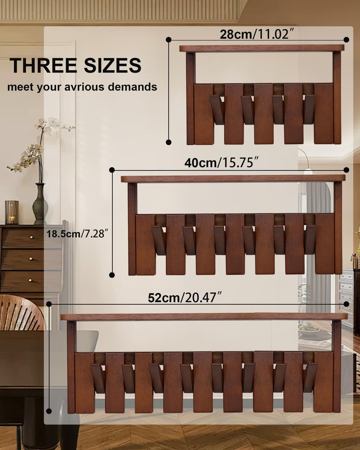BLHOVNO Wooden Coat Rack Wall Mount with Shelf, Heavy Duty Entryway Organizer with 8 Hooks,Coat Hooks Hanger for Coats, Hats, Bags & Towels, Walnut Wall Hanger for Hallway, Bedroom, Kitchen (8 Hooks)