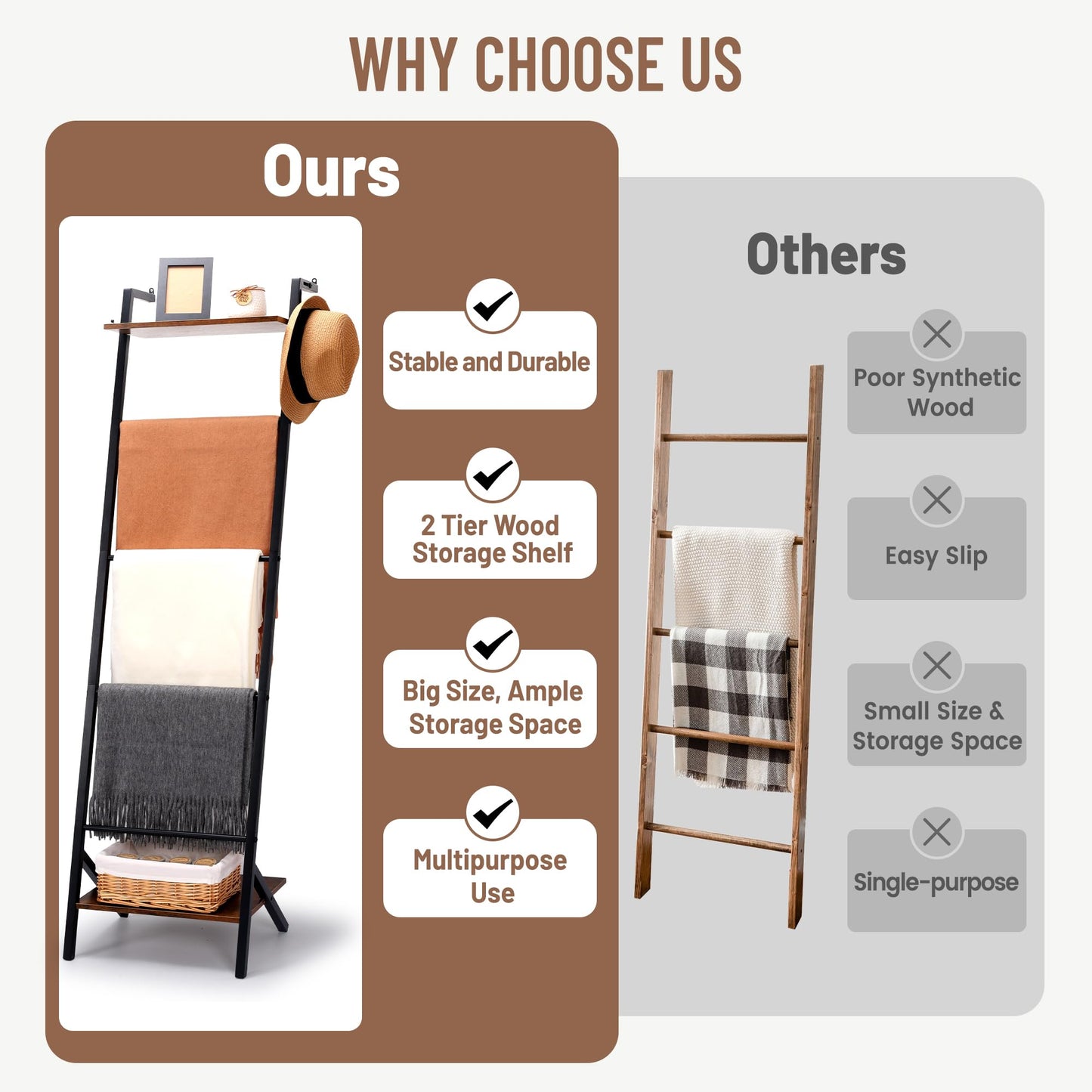 Outink 5 Tier Blanket Ladder with Shelf and Hooks, 4.8ft Metal Ladder Shelf Blanket Holder Storage Rack for Living Room, Free Standing Blanket Rack for Storage and Home Decor