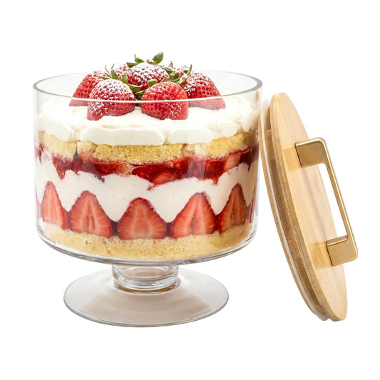 Piszvbej Trifle Bowl with Pedestal and Lid, Crystal Clear Glass, Wood Lid with Convenient Handle and Sealing Ring, for Laying Layered Dessert, Ice Cream and Cake, Ideal for Party Displays