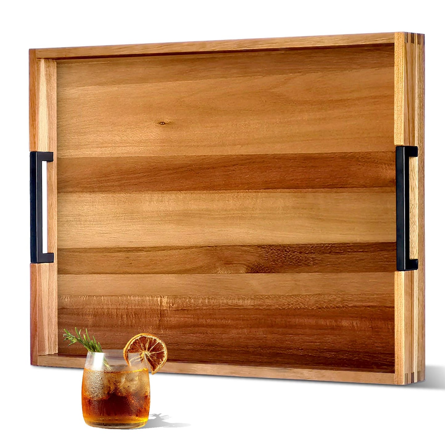 OurMiao 22 Inches Acacia Wood Serving Tray with Metal Handles, Extra Large Rectangular Wooden Ottoman Tray for Living Room, Coffee Table, Coffee Station, Kitchen & Hosting