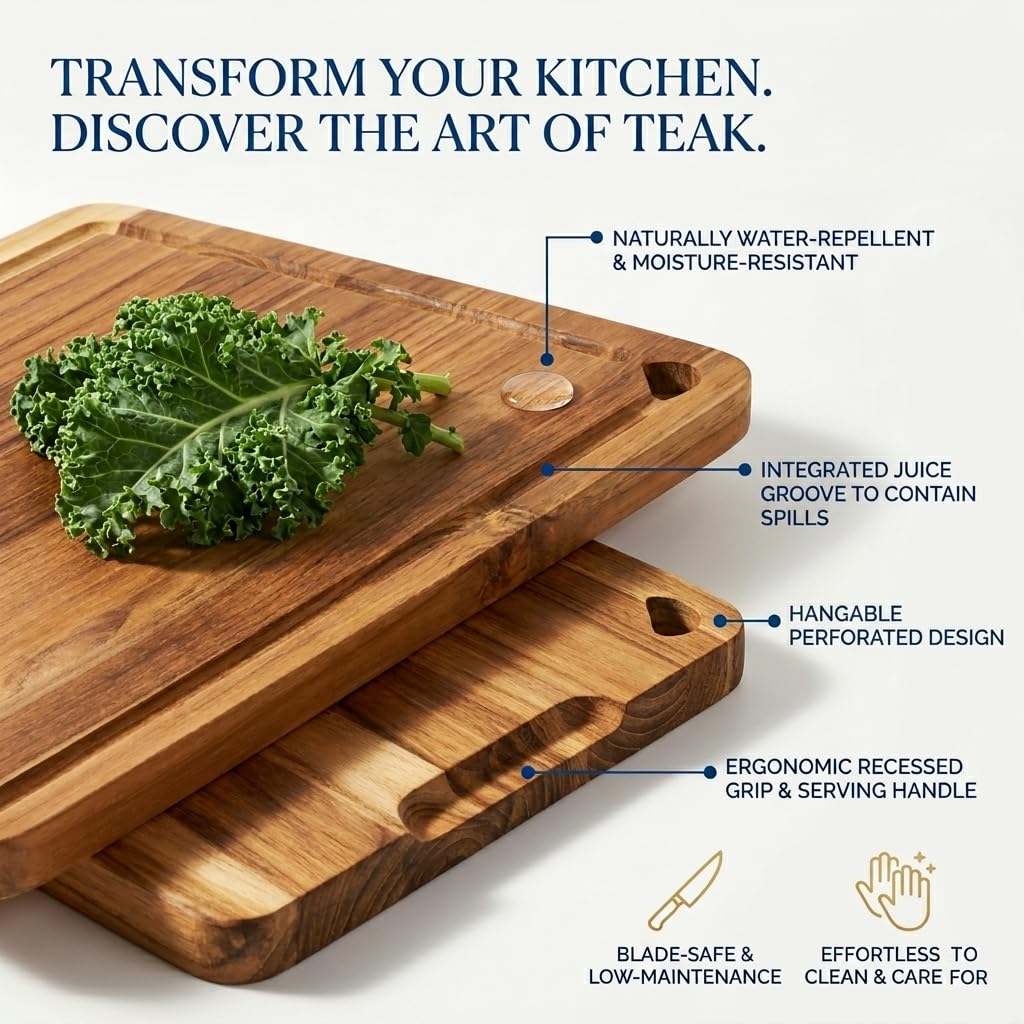 Zoutley 3-Piece Teak Wood Cutting Board for Kitchen, Knife-Friendly Chopping Boards with Juice Grooves & Storage Stand, Heavy Duty Wooden Boards for Meat, Fruit & Cheese, Ideal Housewarming Gift