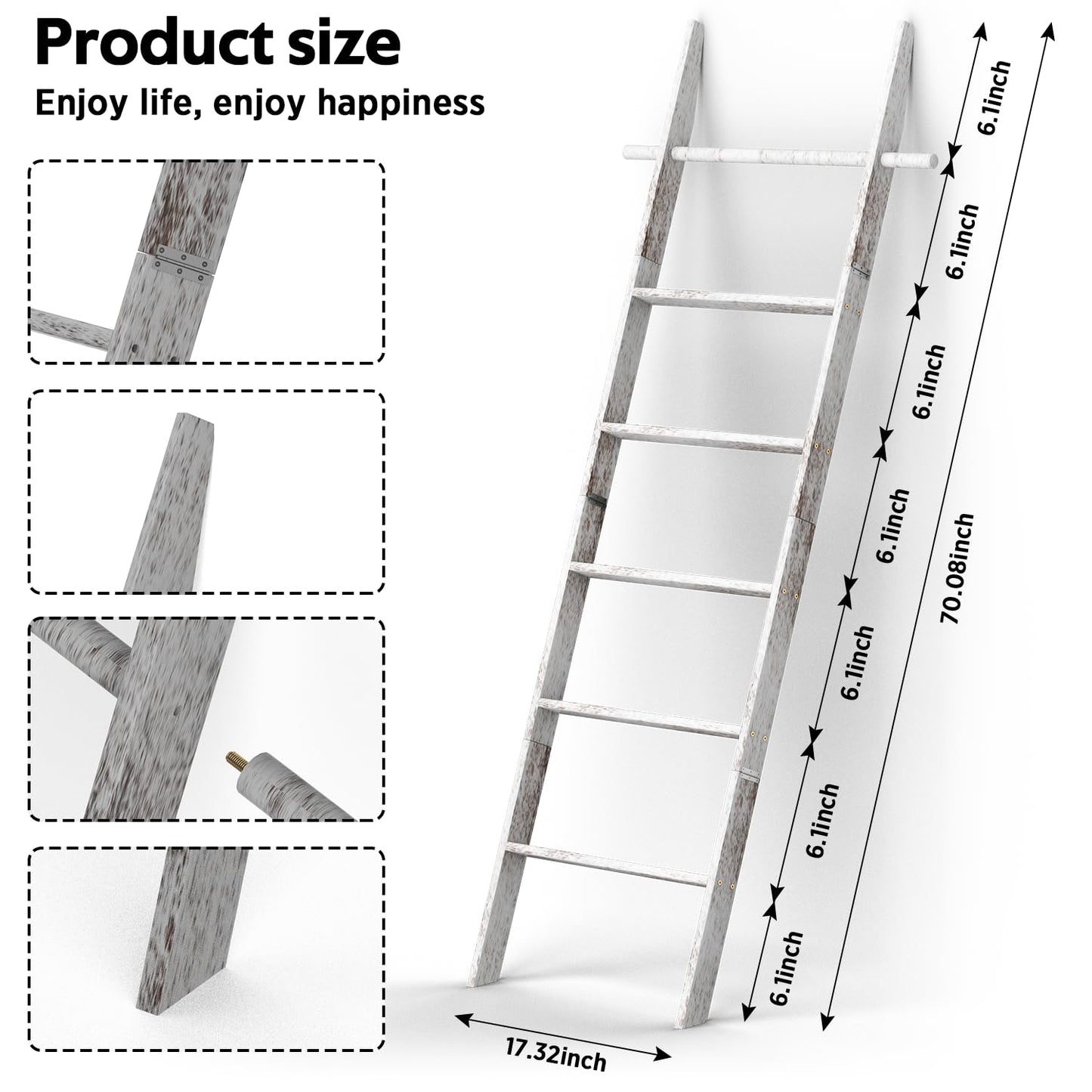chilinii Farmhouse Wooden Blanket Ladder Living Room with Removable Hooks, 6-Tier Blanket Rack Decorative Stand, Leaning Towel Quilt Rack Holder for Bathroom Decor Rustic White