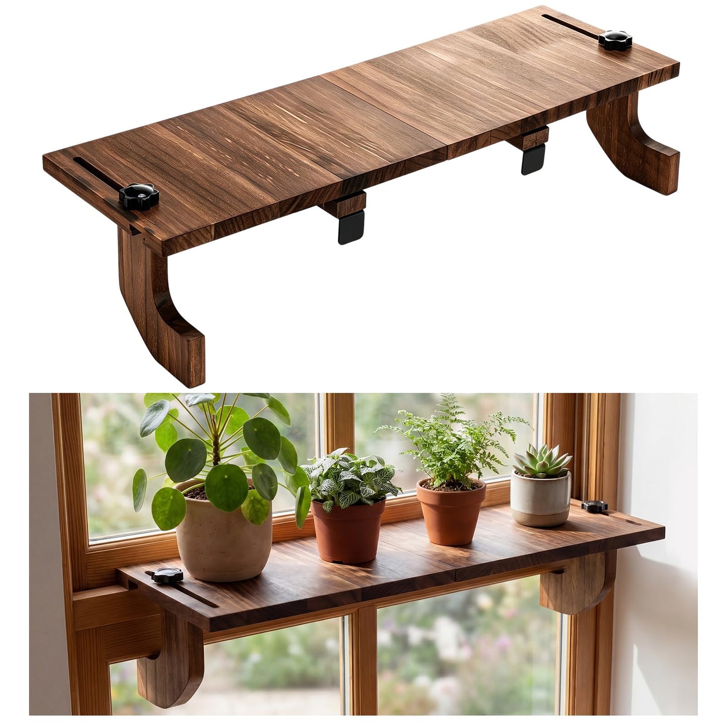 BrightRow 1 Pcs Brown Window Sill Plant Shelf for Plants 21.7 x 7.1 x 5.9 Inch Windowsill Extender Window Plant Floating Shelves No Drilling Wooden Bracket for Cat Perch Planters (Right Angle)