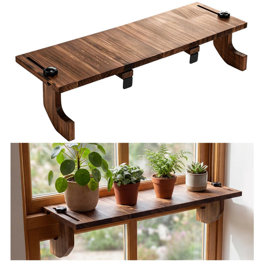 BrightRow 1 Pcs Brown Window Sill Plant Shelf for Plants 21.7 x 7.1 x 5.9 Inch Windowsill Extender Window Plant Floating Shelves No Drilling Wooden Bracket for Cat Perch Planters (Right Angle)