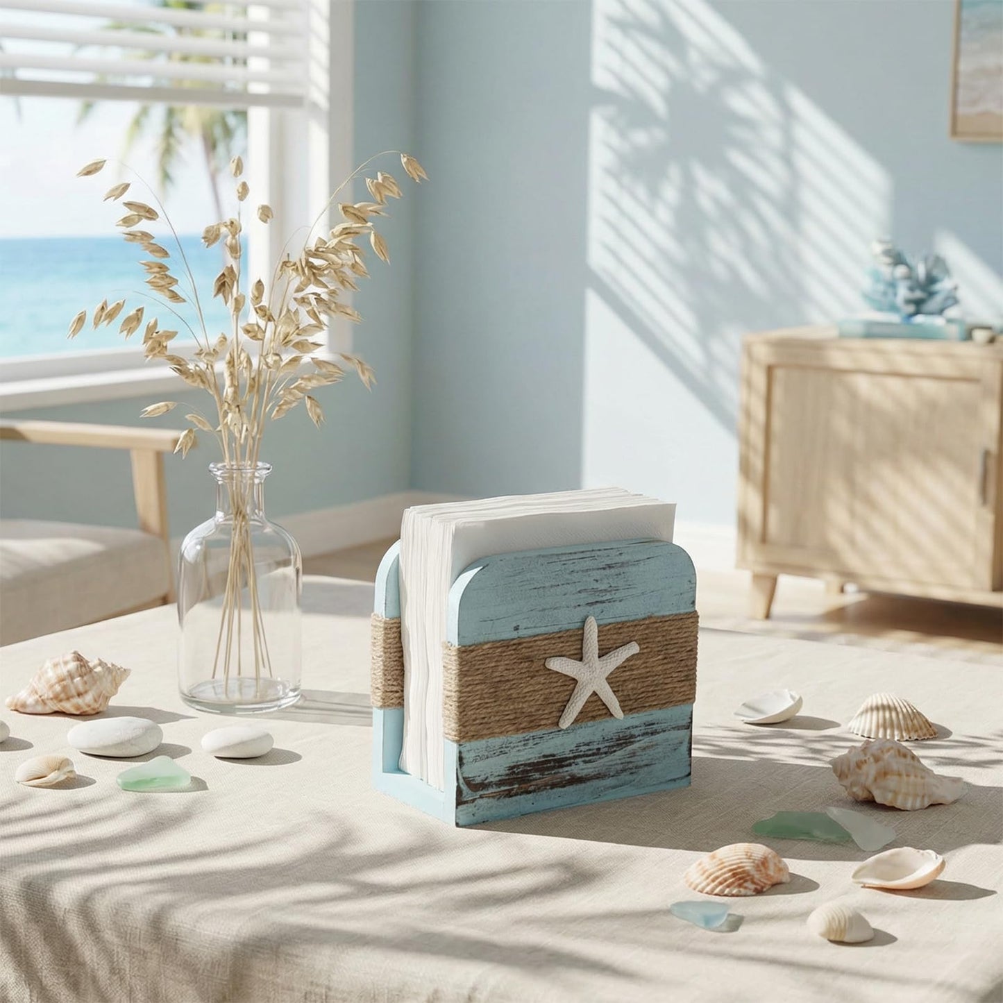 Fiwochic Natural Wooden Napkin Holder, Farmhouse Napkin Holders Upright Wooden Tissue Dispenser for Kitchen Dining Room Table Decor Indoor & Outdoor Use (Beach Style,Blue)