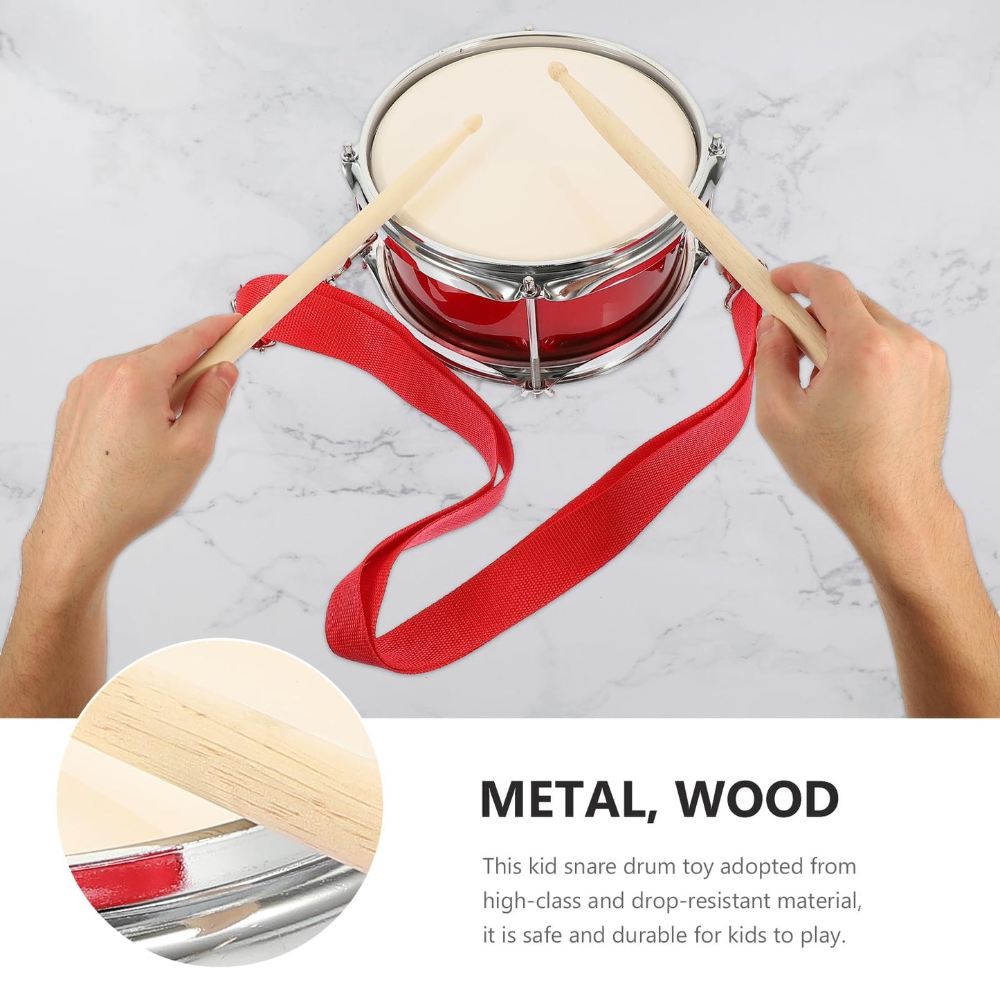 Vaguelly 9 Inch Kids Drum with Mallet and Strap, Snare Drum Wooden Percussion Musical Instrument Marching Toy for Kids 3+, Red