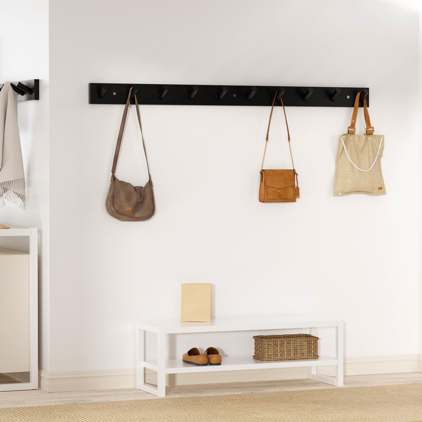 SKOLOO Wood Coat Rack Wall Mounted,10 Peg Long Bamboo Hook for Hanging Backpack Coat Towel Hat,16'' Hole to Hole,Black