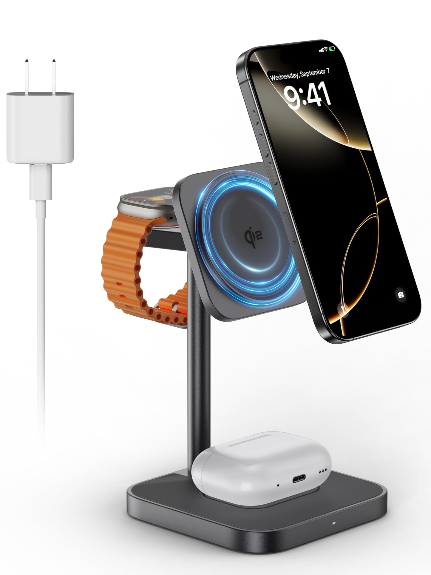 [Qi2 Certified ] LULULOOK 3 in 1 Charging Station, 15W QI2 Wireless Charger Stand Magnetic Charger for iPhone 17/16/15/14/13/12 Series, AirPods Pro/3/4, Apple Watch with 30W PD Adapter