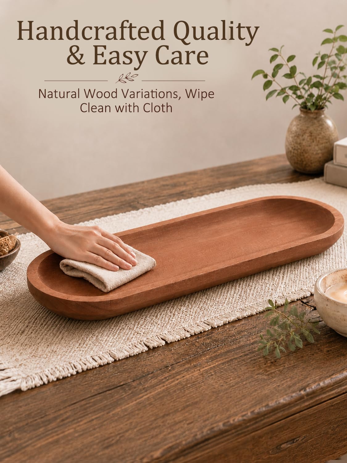 Duseu 25.5 Inch Wooden Dough Bowls for Decor, Wood Long Decorative Bowl, Rustic Large Dough Bowl Centerpiece Trays for Dining Table, Coffee Table, Entryway (Brown)