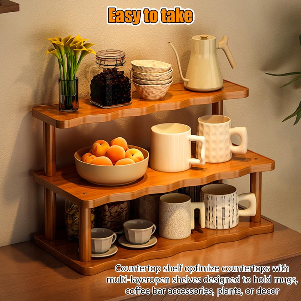 STEHEMO Wooden Mug Holder Countertop, Coffee Station Organizer, Counter Shelf for Tea Coffee Bar Accessories, Matcha Stand, Cup Display, Kitchen Condiment Storage Rack,3tier,19.69IN