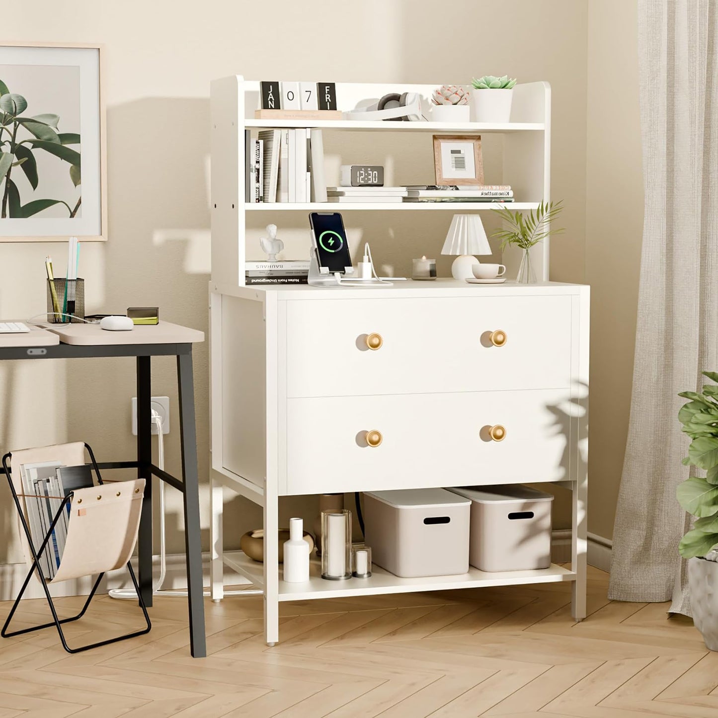 PATAVOT 24 Inch White Nightstand with 2 Drawers & Charging Station