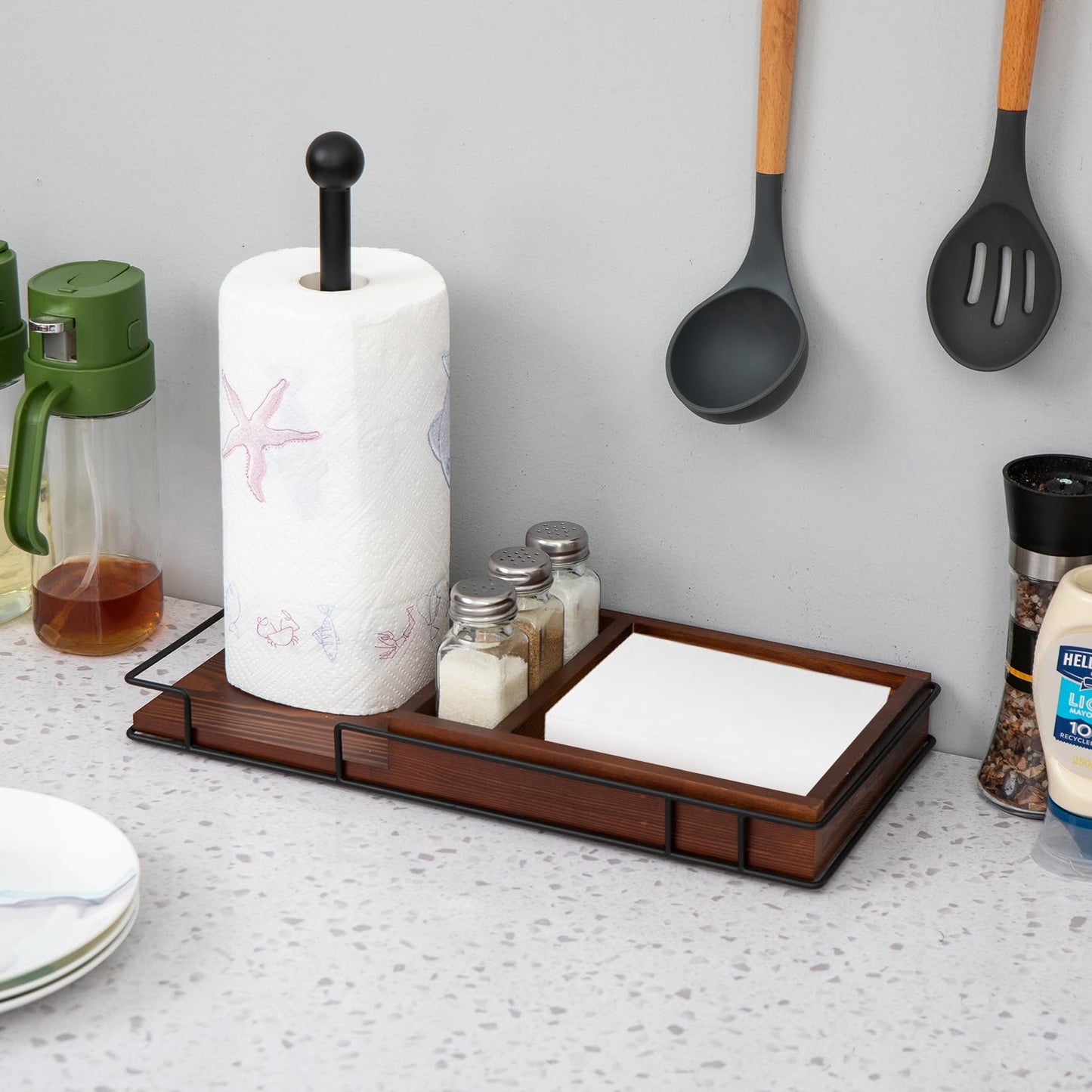 ExoLiry Rustic Brown Wooden Kitchen Countertop Paper Towel Roll Holder Spice Jar Rack Shakers Vintage Brass Metal Design Napkin Dispenser Dining Table Caddy Organizer Condiments Home Outdoor Picnic