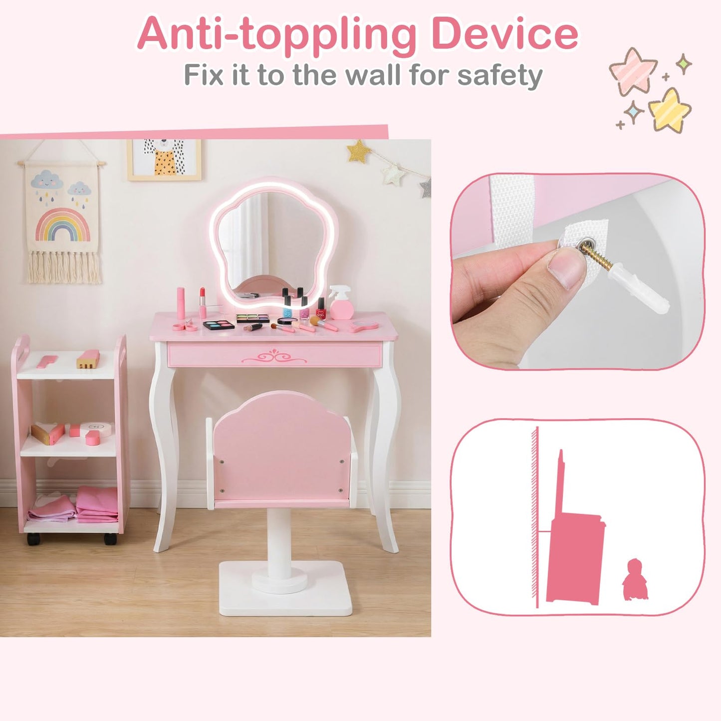 Olakids Kids Vanity with Lights and Barber Chair, Wooden Princess Makeup Dressing Desk with Mirror, Storage Shelf, Toy Accessories, Toddler Table and Chair Set Pretend Playset for Girls Aged 3+