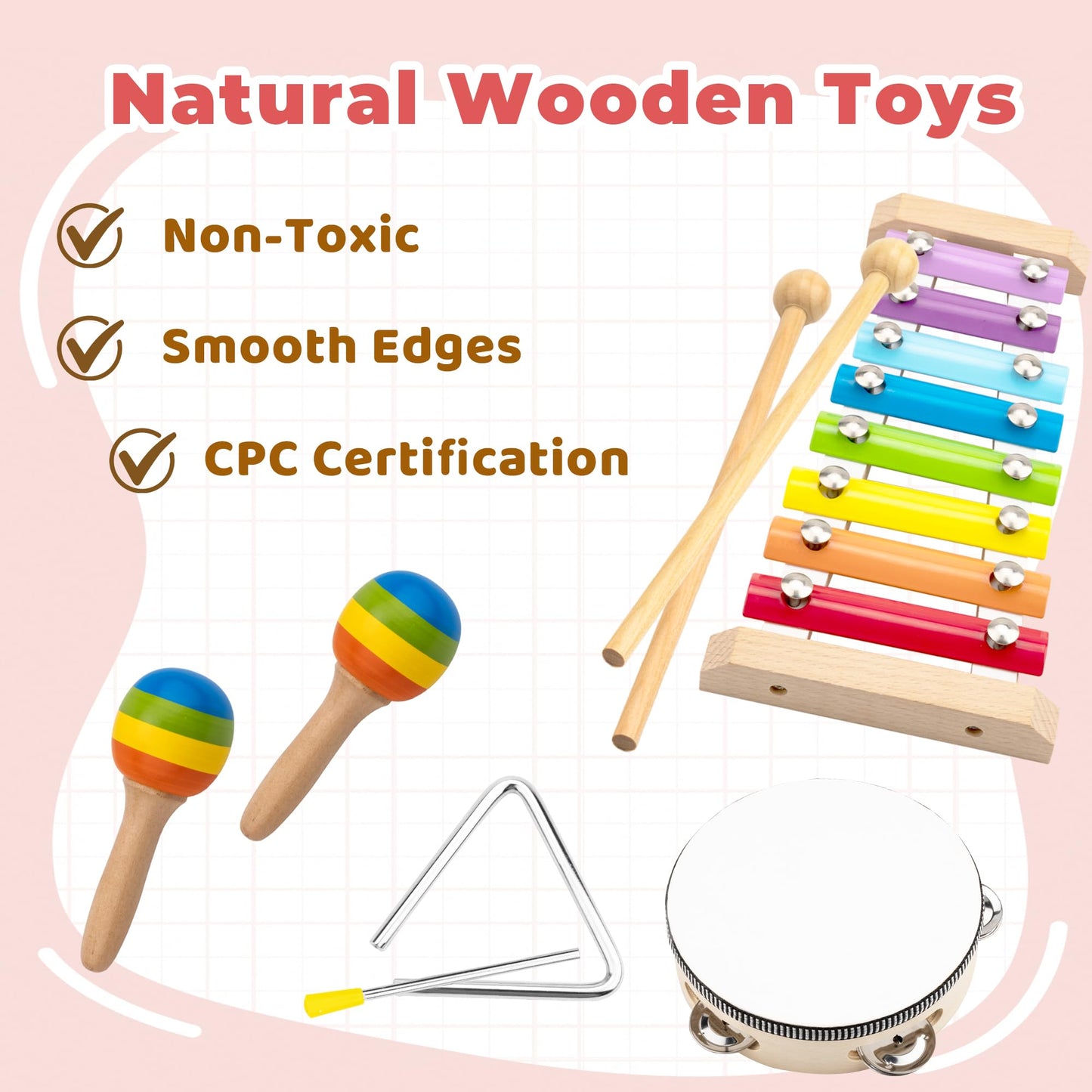 Montessori Wooden Musical Instruments for Toddlers, Educational Baby Drum Set with Xylophone & Maracas and More, Music Toys for Toddler Preschool