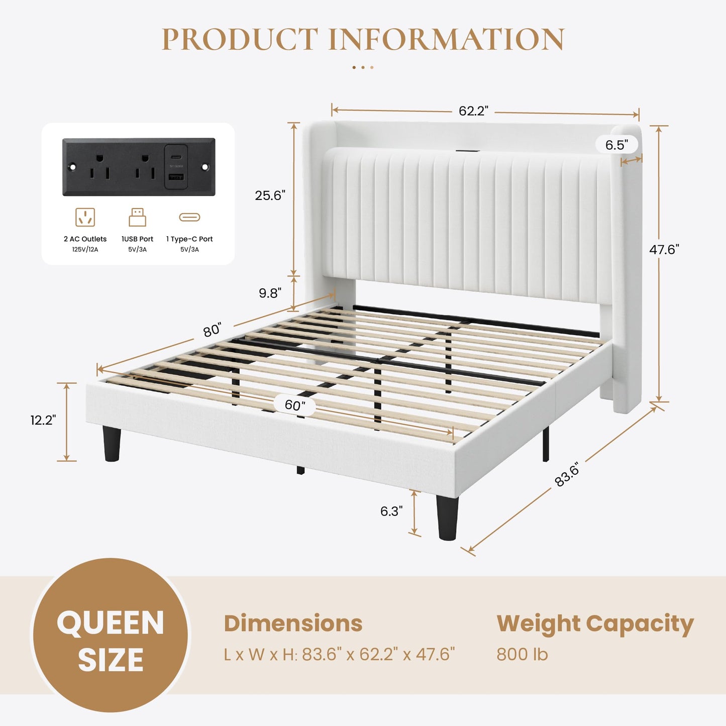 SHA CERLIN Queen Size Velvet Bed Frame with USB Charging Station, Wingback Storage Headboard, Upholstered Platform Bed with Wooden Slats Support, No Box Spring Needed, Easy Assembly, White