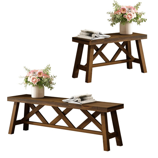 Wnutrees 30"& 54" Farmhouse Wood Bench (2 PCS), Rustic Solid Wood Entryway Benches Seat with Double X-Structure for Dining Area Living Room Hallway Natural