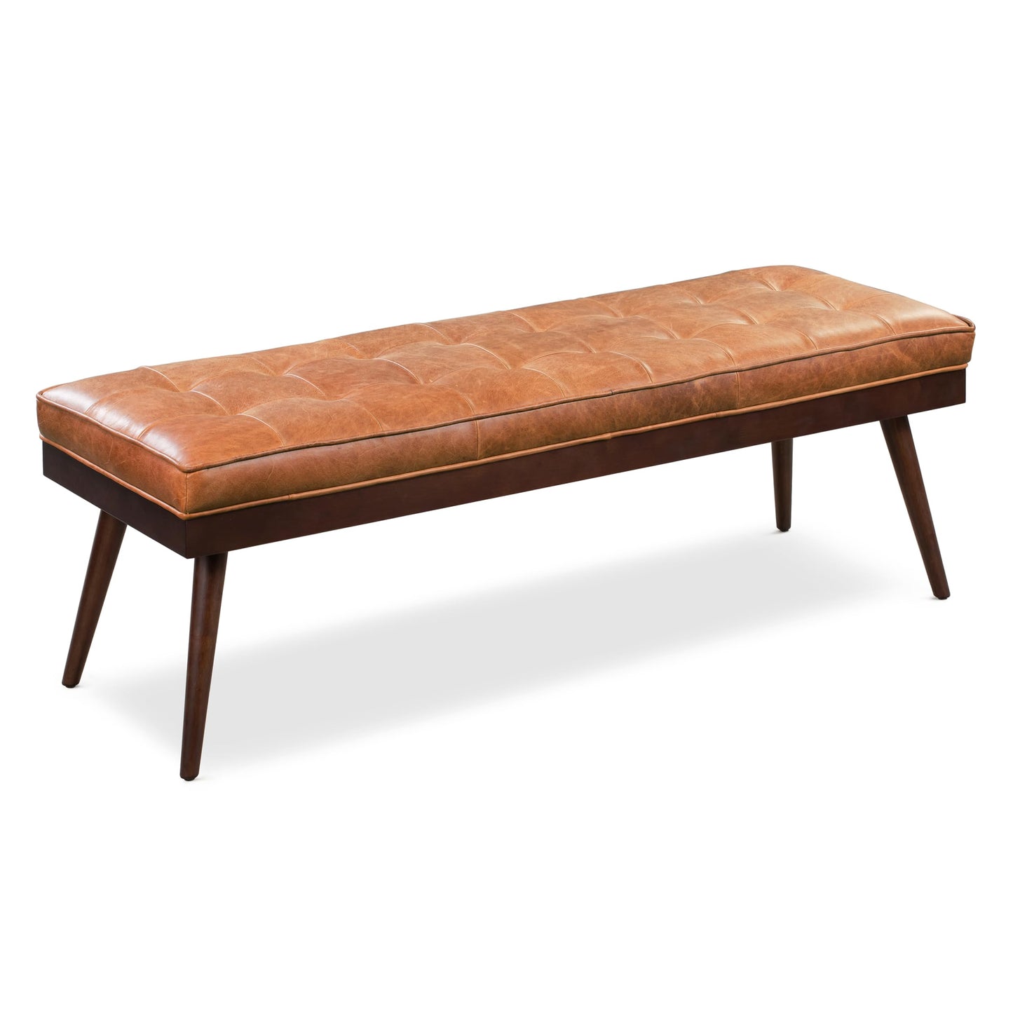 Poly & BARK 55" Tufted Leather Bed Bench for Bedroom End of Bed - Living Room Entry Way Bench - Pure Italian Leather Upholstery with a Solid Wood Frame - Ottoman Bench with Wooden Legs - Cognac Tan