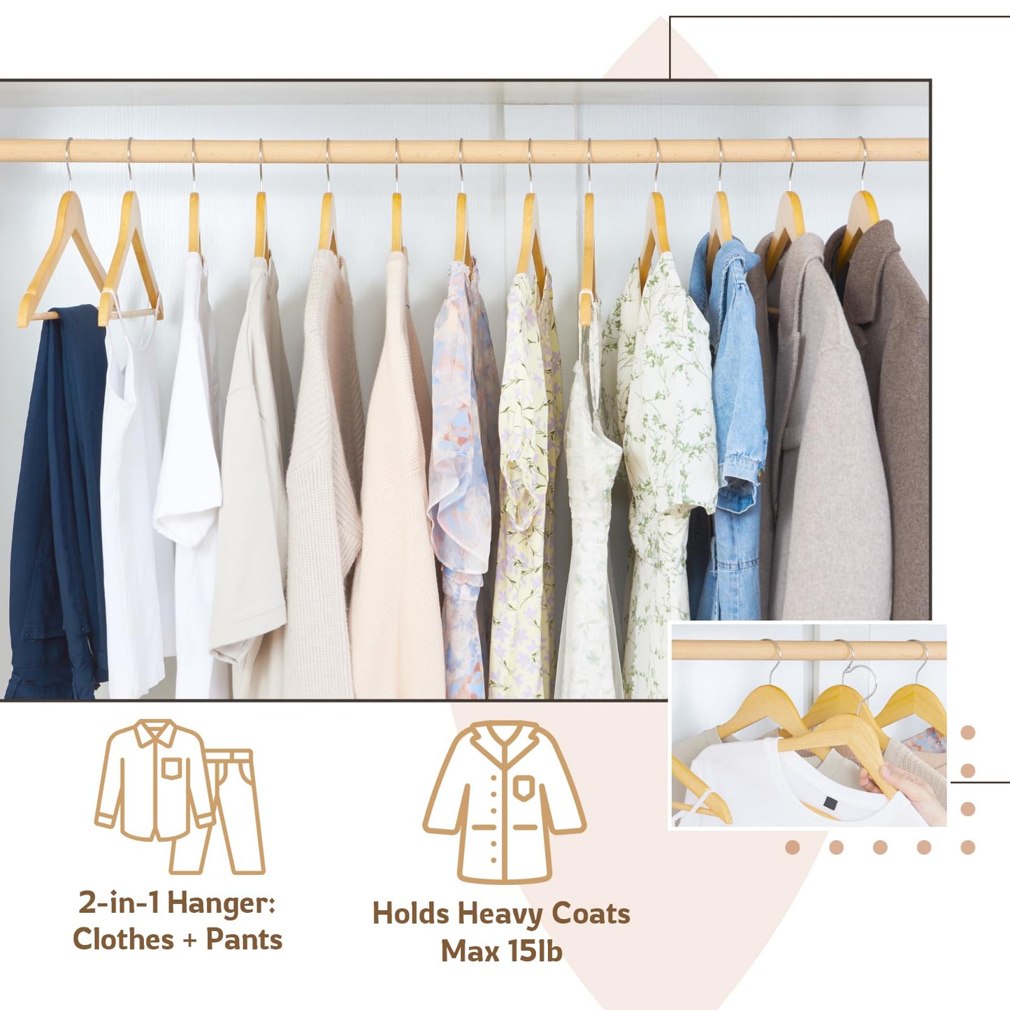 ELONG HOME Wooden Hangers, 30 Pack Slim Wood Coat Hangers with Extra Smooth Finish, Precisely Cut Notches and Chrome Swivel Hook, Wooden Clothes Hangers for Shirt Suit Jacket Dress, Natural
