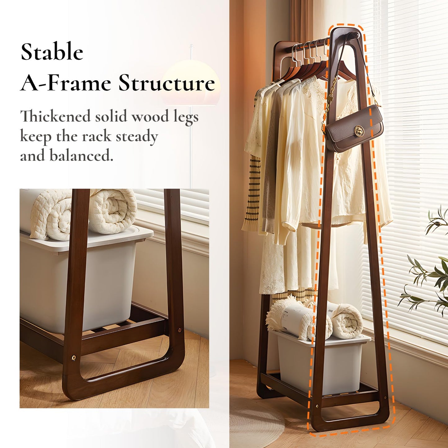 Cttasty Solid Wood Clothing Rack with Shelf, Freestanding Garment Rack with Hooks, Rubberwood Clothes Organizer for Bedroom Entryway, Minimalist Wooden Clothes Stand (Walnut, 31.5" W)