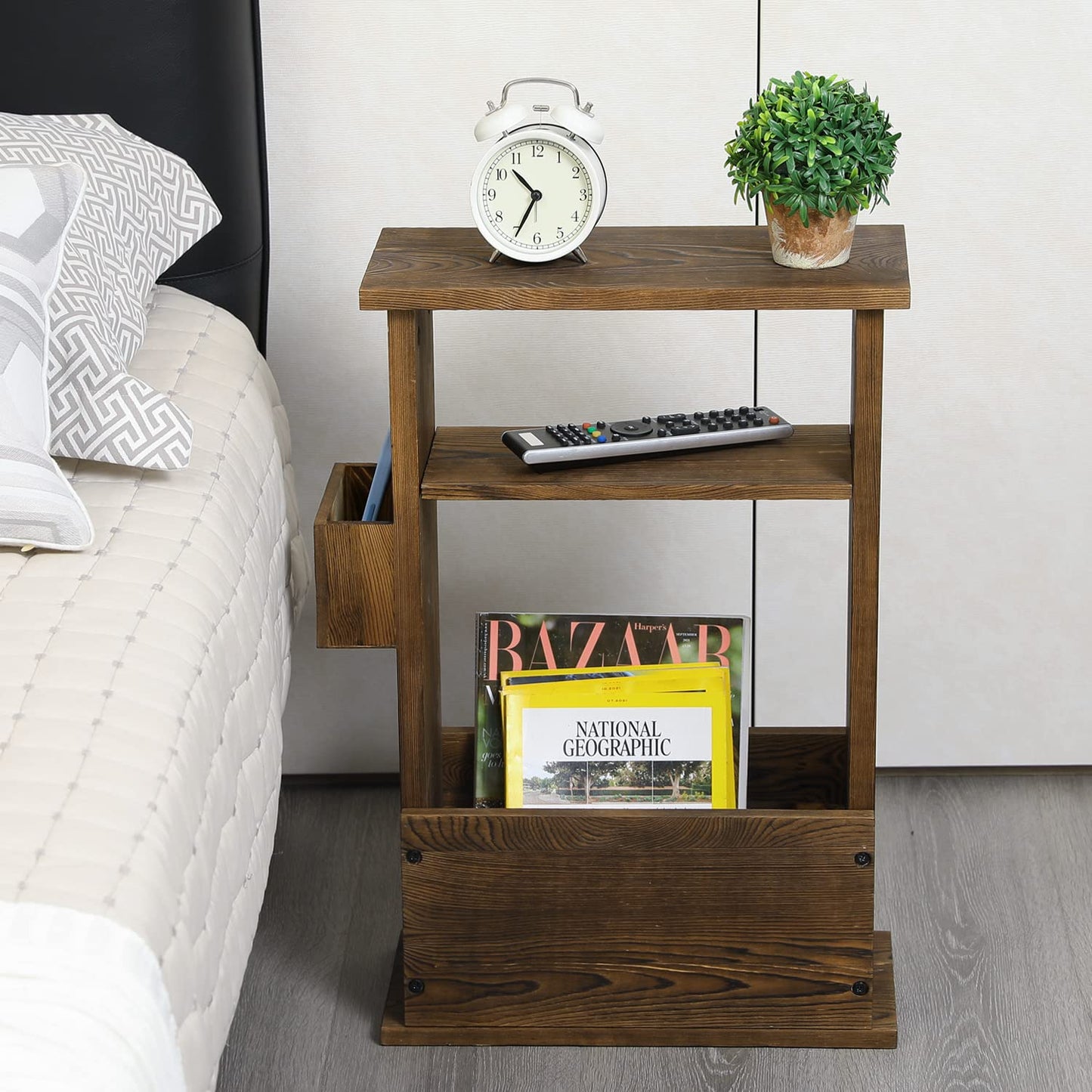 MyGift 24 Inch Tall Rustic Burnt Wood End Table with Remote Control Holder, Storage Shelf, and Magazine Rack, Wooden Narrow Living Room Couch Side Accent Furniture