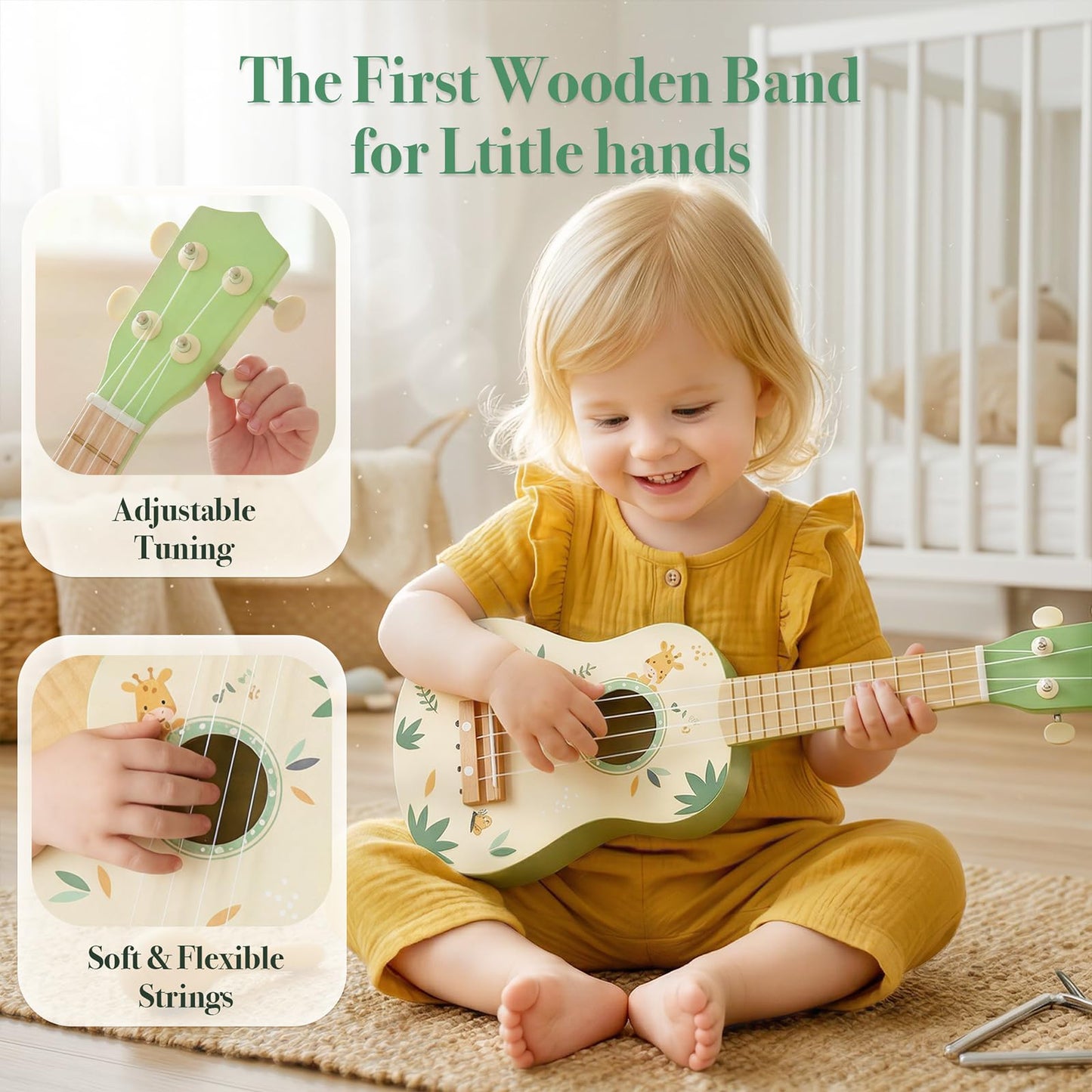 Toddler Guitar Set, 7-in-1 Wooden Baby Musical Instruments Band Includes 17" Ukulele, Maracas, Drum, Trumpet & More - Perfect Toy for Kids Ages 1-5, Ideal Gift for First Birthday Christmas