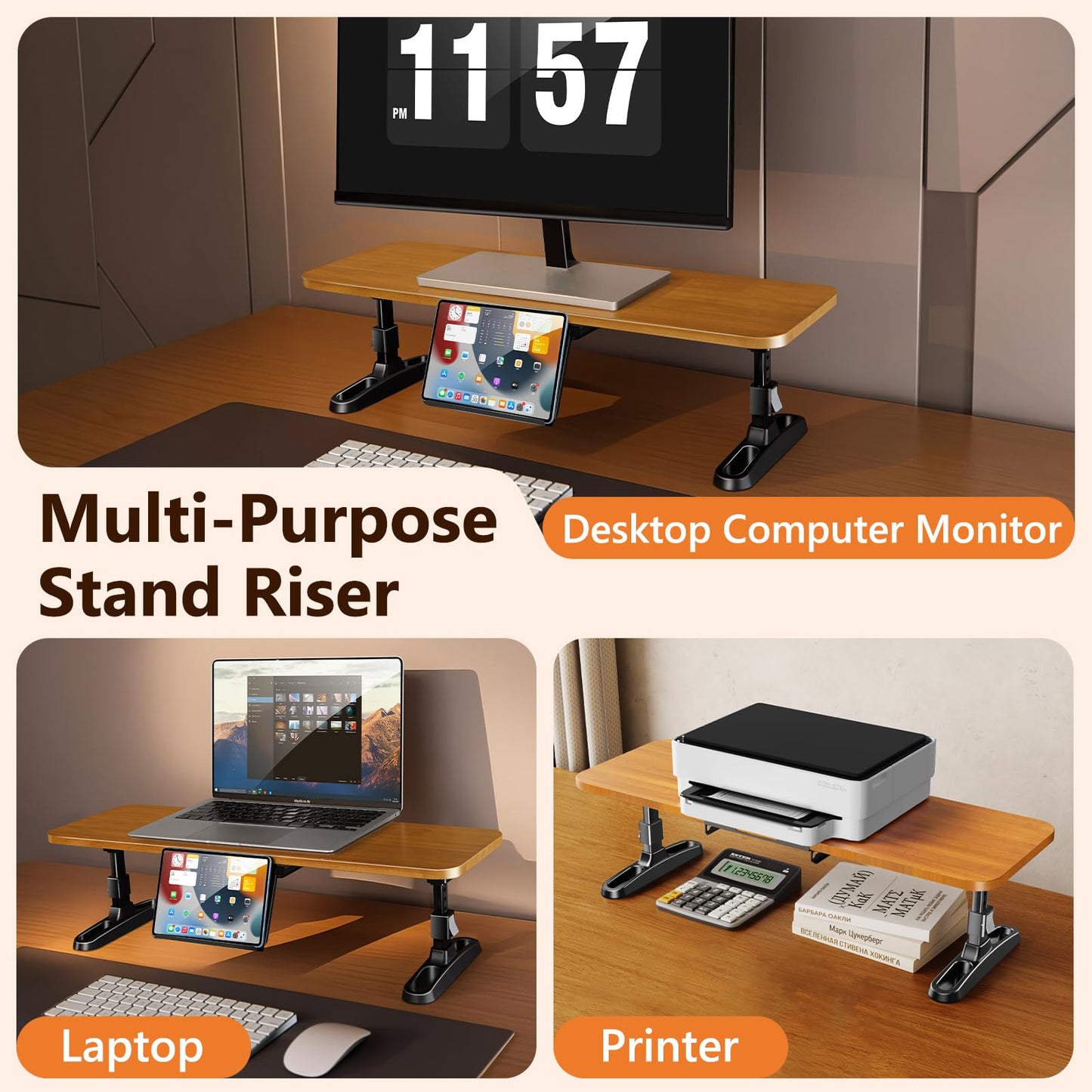 nediea Wooden Monitor Stand Riser with Height Adjustable Button, Ergonomic Computer & Laptop Stand with Hidden Tablet Holder, Keyboard Storage & Desktop Organizer for Home Office Kitchen