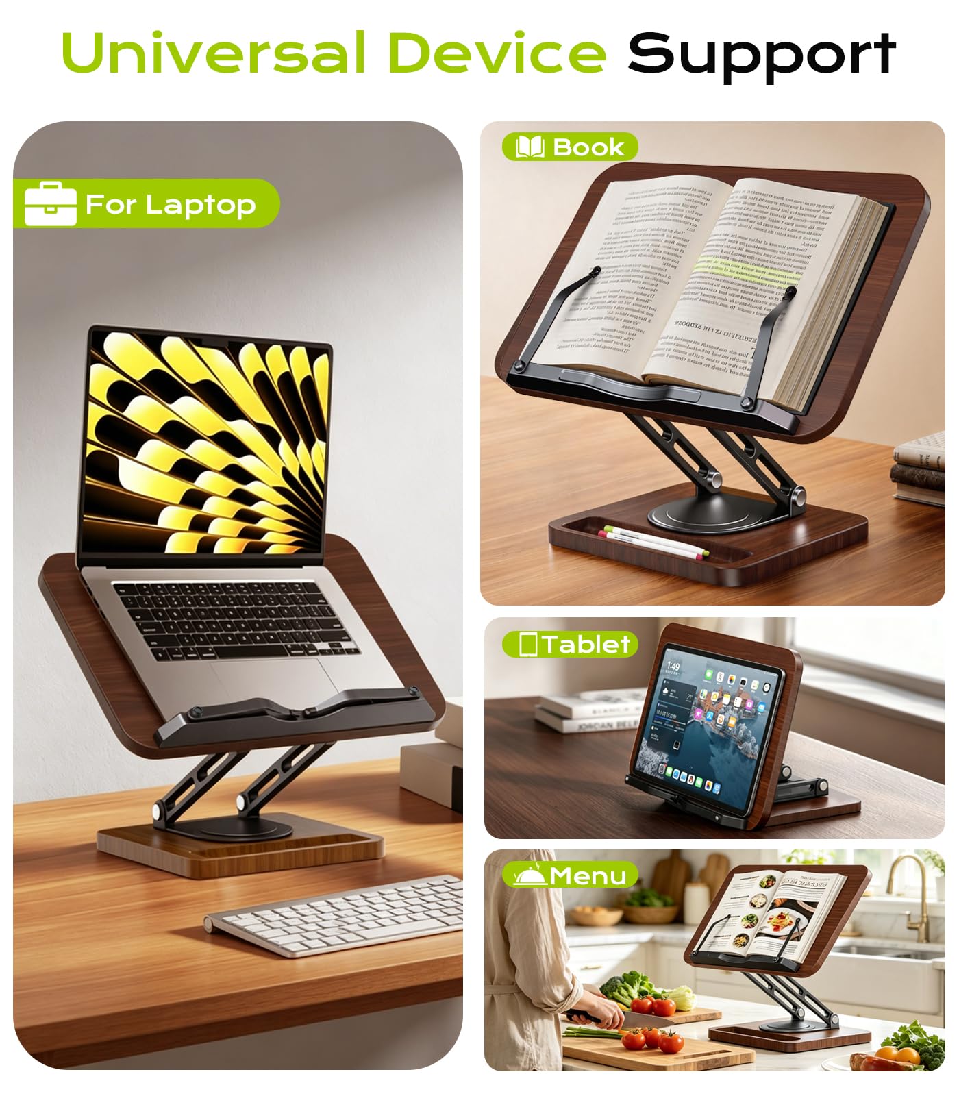 Book Stand for Reading, 360° Rotating Hands Free Book Holder with Storage, Adjustable Height & Ergonomic Cookbook Stand, Elastic Page Clips for Recipe Laptop Tablet, Foldable for Kitchen Office School