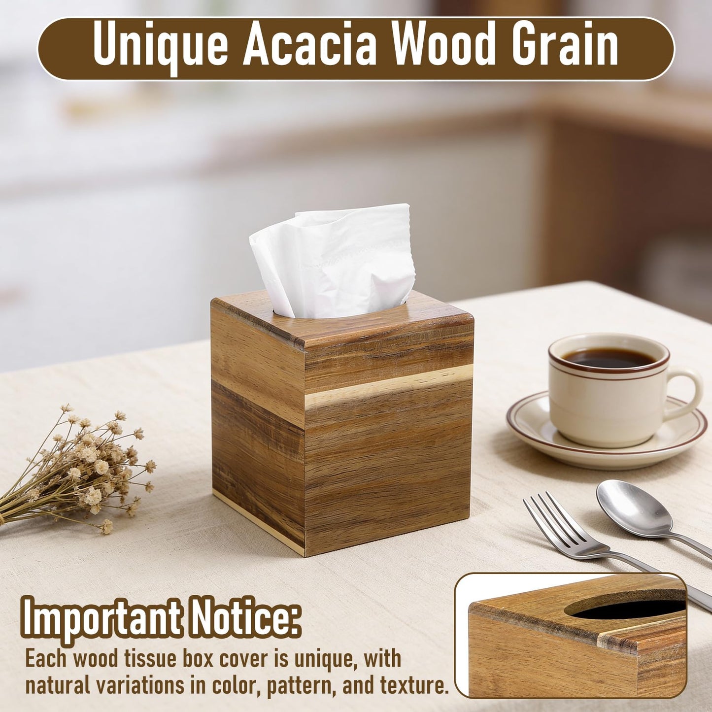 2 Pack Wooden Tissue Box Cover Square, Acacia Wood, 5.5 x 5.5 x 6.2