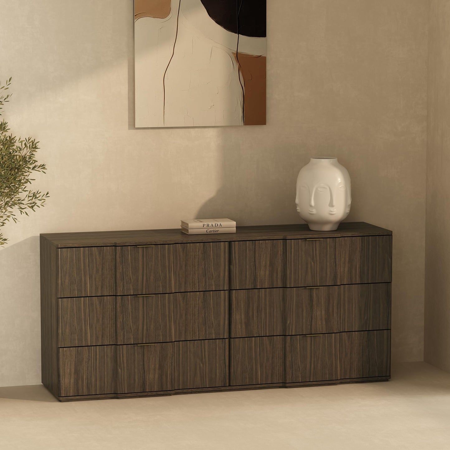 Manhattan Comfort Clive 72” Modern 6 Drawer Dresser, Wide Chest of Drawers with Sculpted Fluted Front & Accent Recessed Handles, Doubles as 70” TV Stand, Walnut Brown and Gold