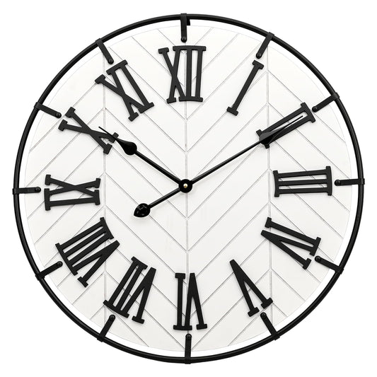 EMAX HOME 24 Inch Large Wooden Wall Clock – Extra Large Farmhouse Wall Clock with 3D Roman Numerals, Modern White Round Wood & Metal Clock for Living Room, Silent & Accurate Timekeeping