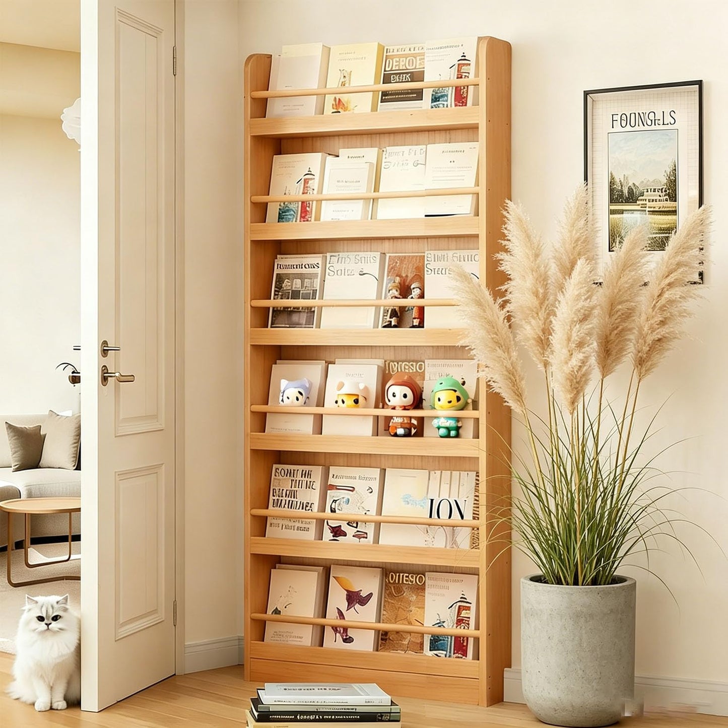 GODNOEI Behind The Door Bookshelf 6-Tier Wooden Behind The Door Storage Cabinet Wall Mount Shelf Easy to Install for Bedroom Kid Room Living Room Library-23.62" Wide