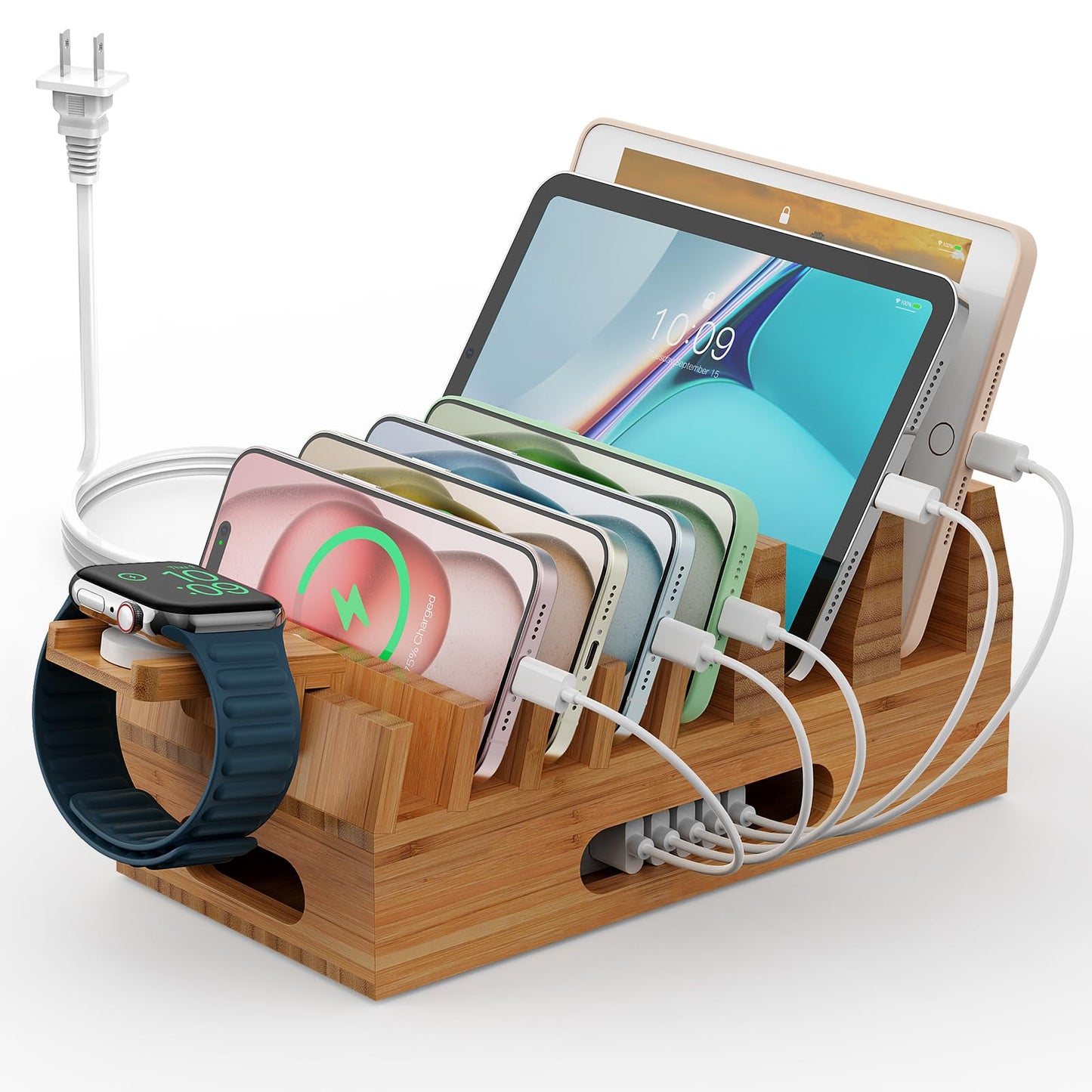 Pezin & Hulin Bamboo Charging Station Holder with 5 Port USB Charger, 5 x Charge Cables, Watch Stand, Wood Docking Stand Electronic Organizer for Multiple Devices, Phones, Tablets and More